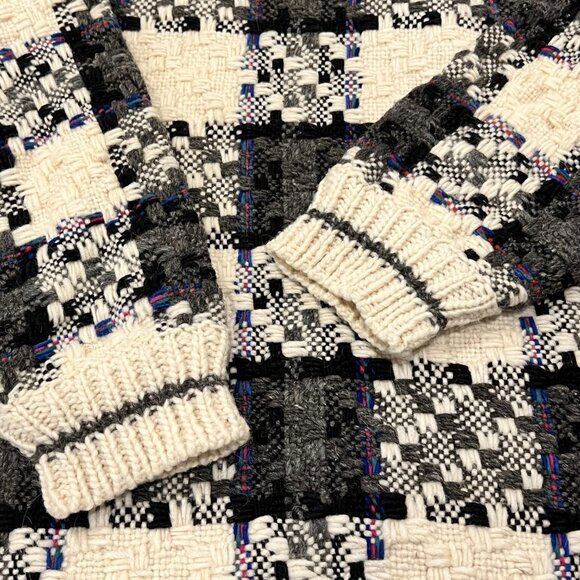 Vintage 90's Wool Chunky Pullover Plaid Sweater, Hand Knit, Cream Gray, XL - Picture 6 of 9